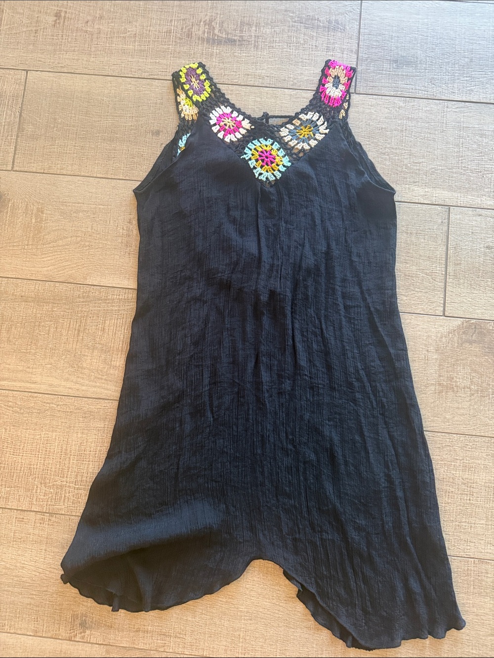 Black Swim Coverup Dress with Colorful Crochet Accents